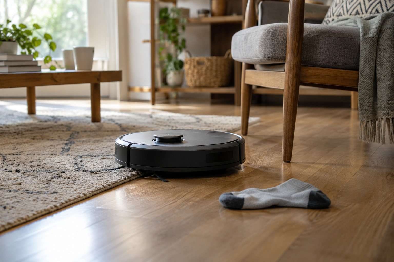 Por qué un robot doméstico necesita algo más que un mapa de habitaciones — Imagen 1 Robot aspirador junto a una alfombra, una silla y un calcetín en el suelo.